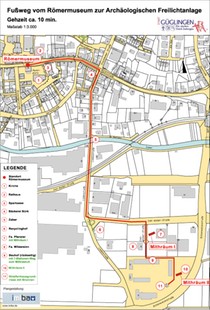 Orientierungsplan: Der Fu&szlig;weg vom R&ouml;mermuseum zur Arch&auml;ologischen Freilichtanlage.