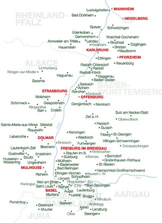 Das Verbreitungsgebiet des Oberrheinischen Museums-Pass im Jahr 2011.