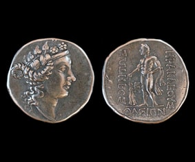 Tetradrachme aus Thasos: Dionysos mit Efeukranz (Nachbildung) 