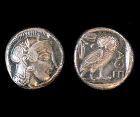 Tetradrachme aus Athen: Eule mit Olivenzweig (Nachbildung) 