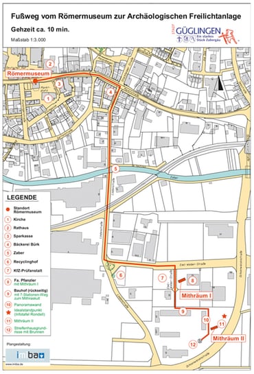 Orientierungsplan: Der Fußweg vom Römermuseum zur Archäologischen Freilichtanlage.