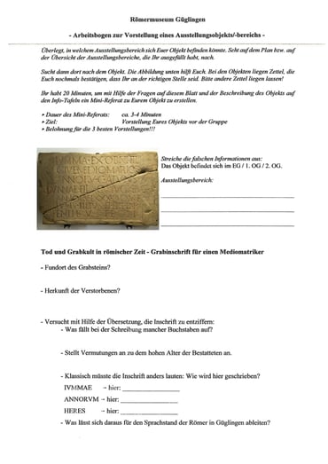 Arbeitsbögen zur Vorstellung eines Ausstellungsobjekts/-bereichs